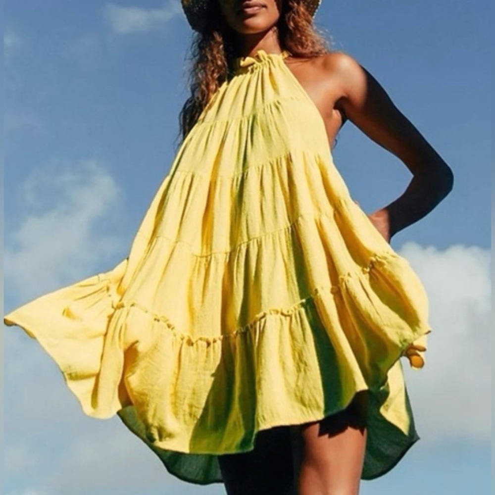 Elan Sunshine Yellow Cotton Tiered Halter Neck Dress W/ Ruffle Hem. Medium. - Picture 2 of 13